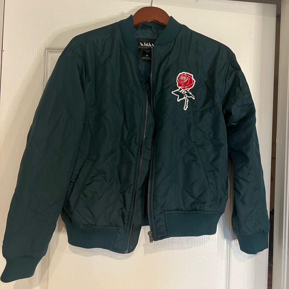 Empyre Green Bomber Jacket with Rose Patch